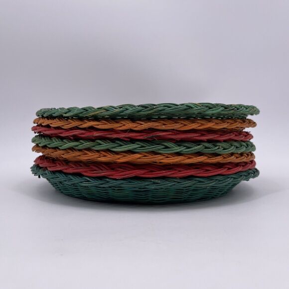 Seven Vintage 10" Wicker Paper Plate Holders BBQ Picnic Green Red Orange Lunch - Picture 2 of 8